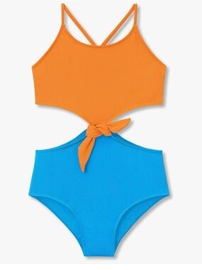 Colorblock Tie-Front One-Piece Swimsuit in Orange & Blue